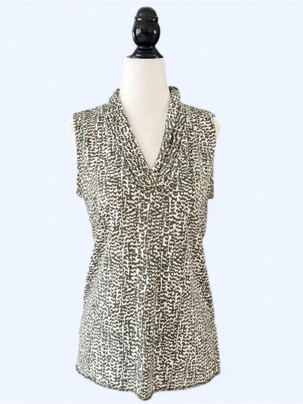 Jones New York Green White Print Tie Neck Sleeveless Blouse Preppy S